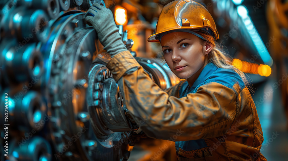 worker on a large machine in mechanical engineering, bright background,generative ai