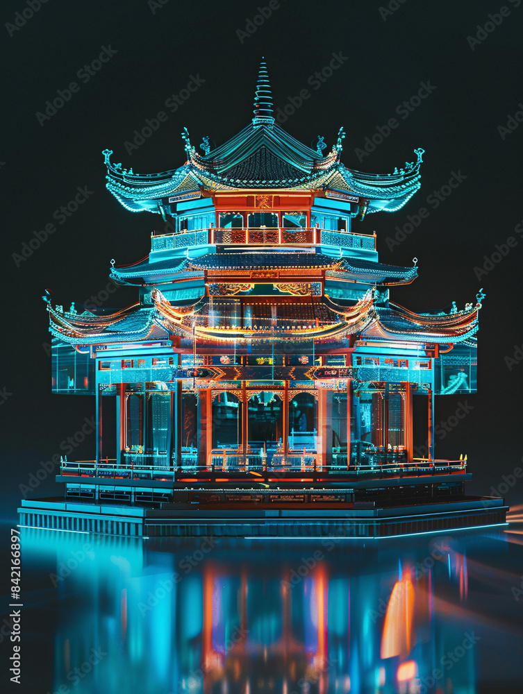 Fototapeta premium Classical Chinese architecture hologram line X-ray technology background 3D rendering 