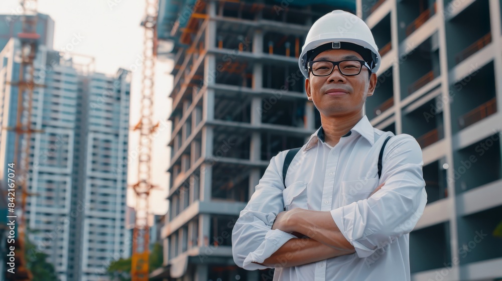Asian civil engineer with a safety helmet proudly standing by as new developments rise behind him Asian civil engineer with a safety helmet proudly standing by as new developments rise behind him