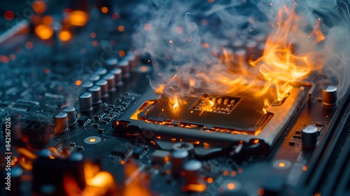 Fiery Overheat: Close-Up of Burning CPU on Circuit Board, Computer Motherboard on Fire, PC Processor Overheat, CPU Processor Slot Burning, Circuit on Fire, Technology Disaster, Electronic Components