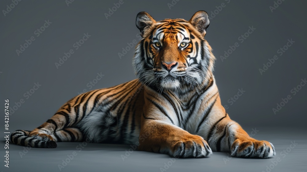 Fototapeta premium A serene tiger resting with isolated background
