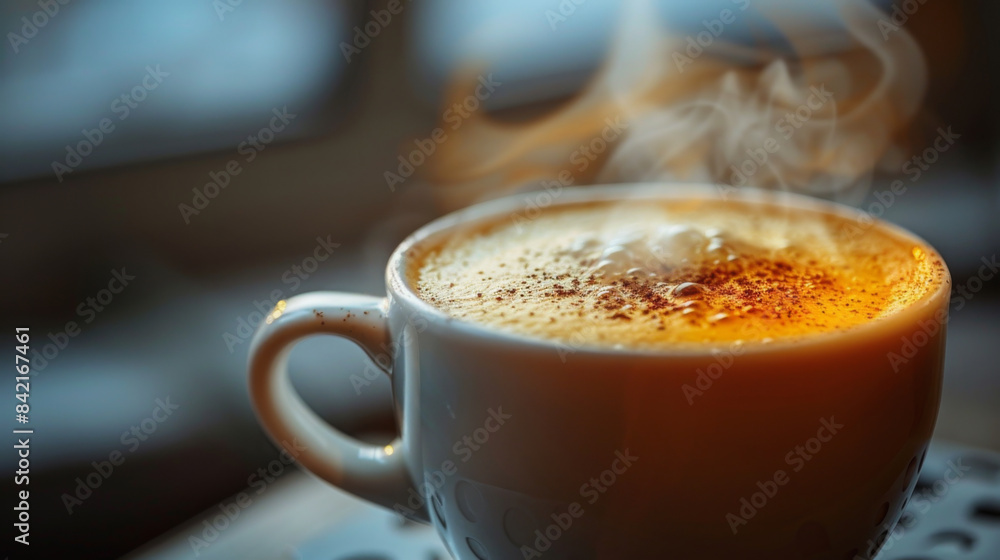 Close-up of a steaming cup of cappuccino topped with cinnamon, creating a warm and inviting atmosphere. Close-up of a steaming cup of cappuccino topped with cinnamon, creating a warm and inviting atmosphere.