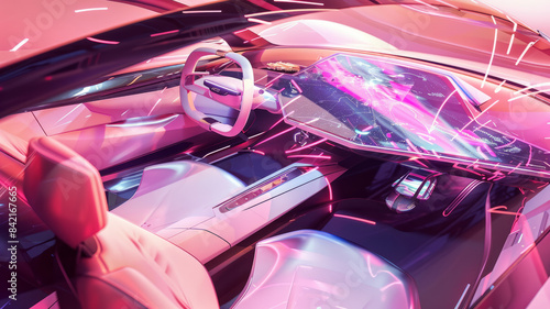 Futuristic concept car interior: pink hues, holographic projections, invisible vents, integrated seats, luxury leather generative ai © Pawina