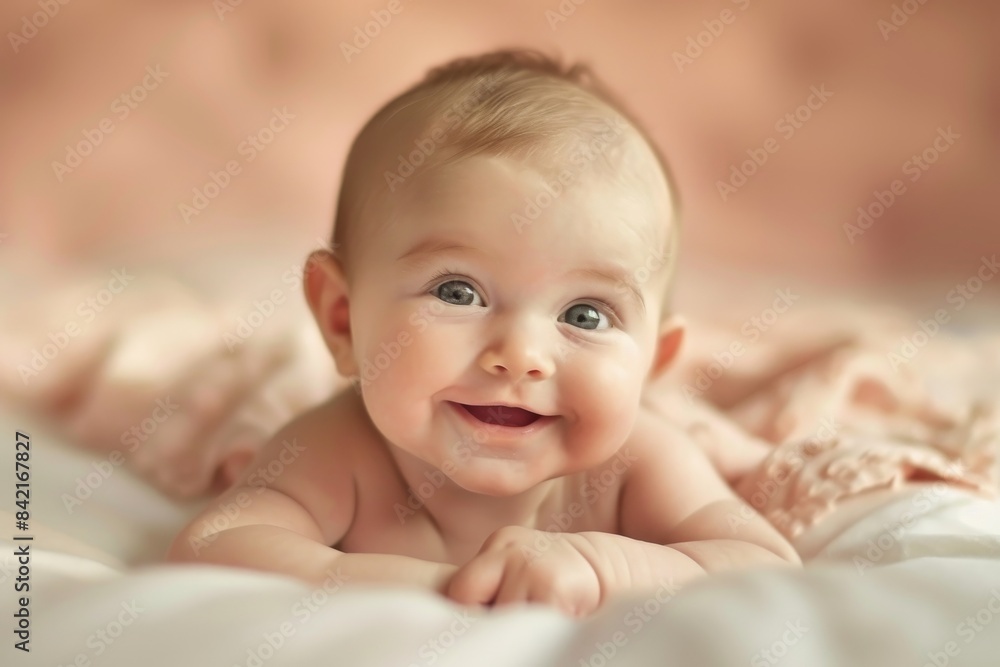 Baby smiling, lying on pink blanket Baby smiling, lying on pink blanket