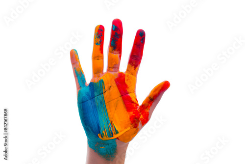 Hand raised gesture with stop sign painted, concept - isolated on white background