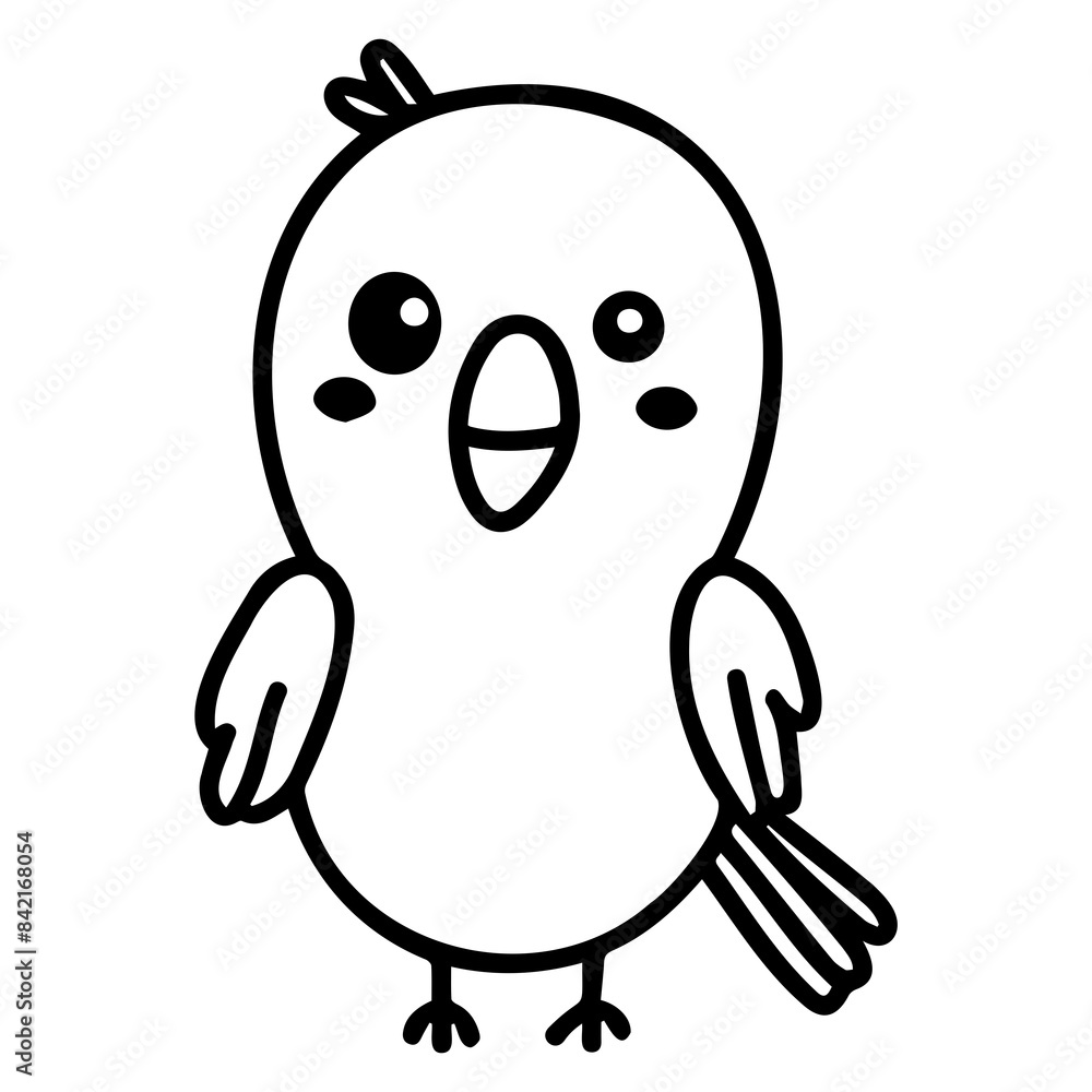 Whimsical cartoon bird illustration in black and white, great for children's books and learning materials. Whimsical cartoon bird illustration in black and white, great for children's books and learning materials.