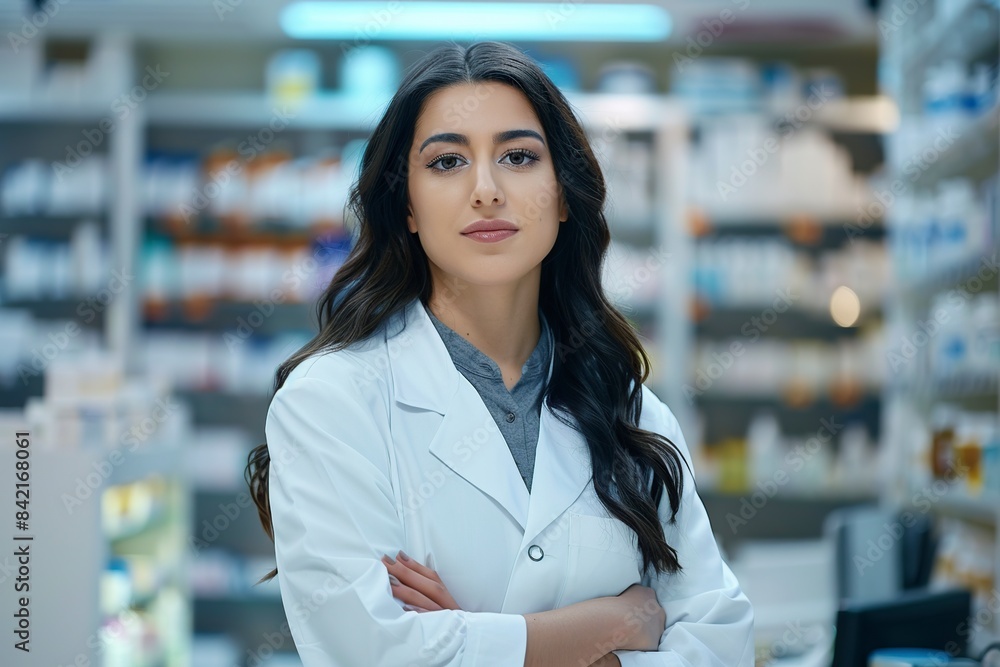 Female Pharmacist in White Lab Coat at Pharmacy Female Pharmacist in White Lab Coat at Pharmacy