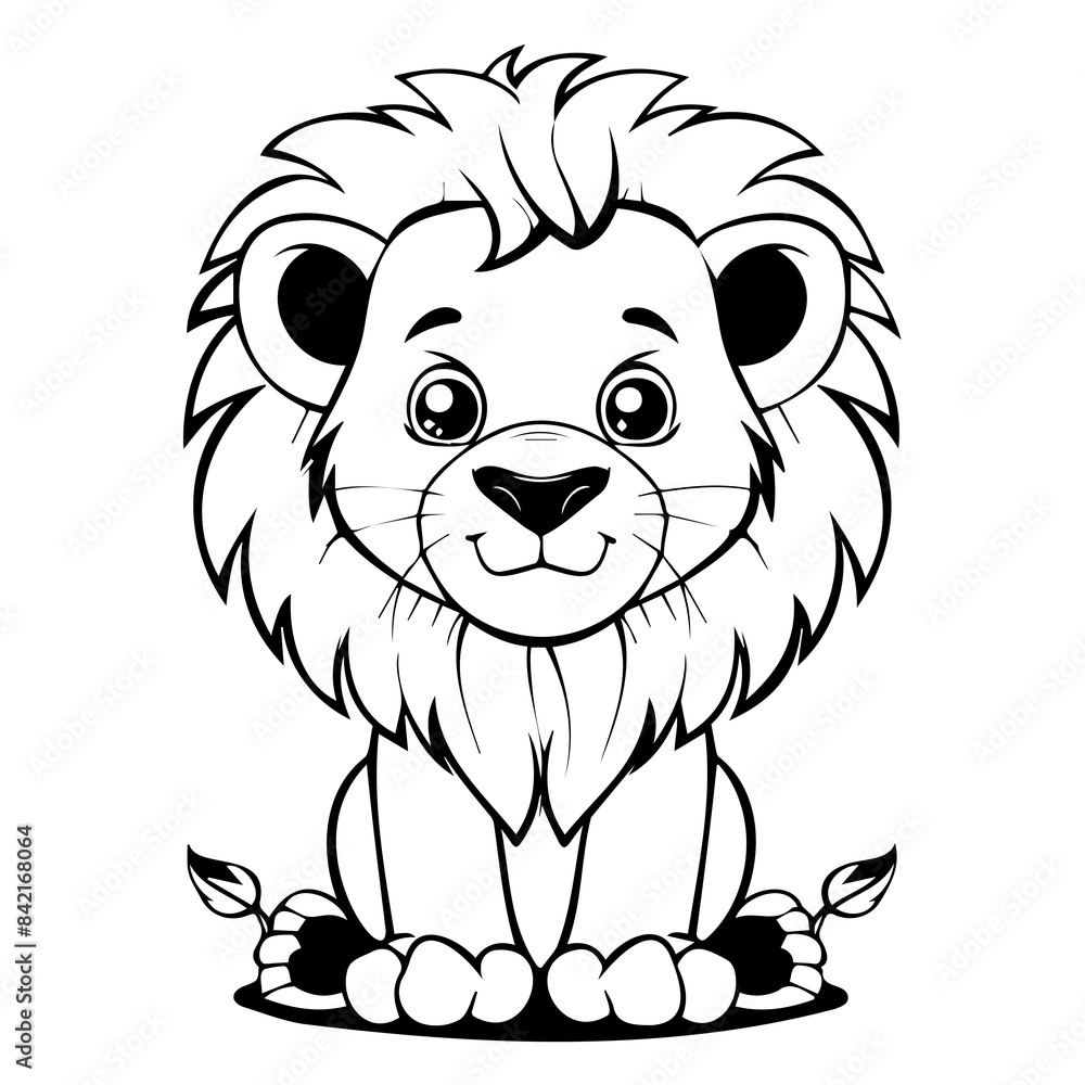 Fototapeta premium Charming cartoon lion illustration in black and white, perfect for children's books and educational activities.