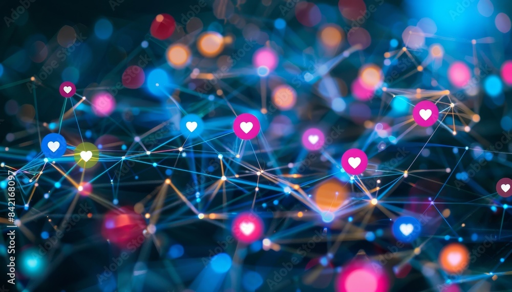 Abstract network of glowing points and lines with scattered heart icons. Abstract network of glowing points and lines with scattered heart icons.