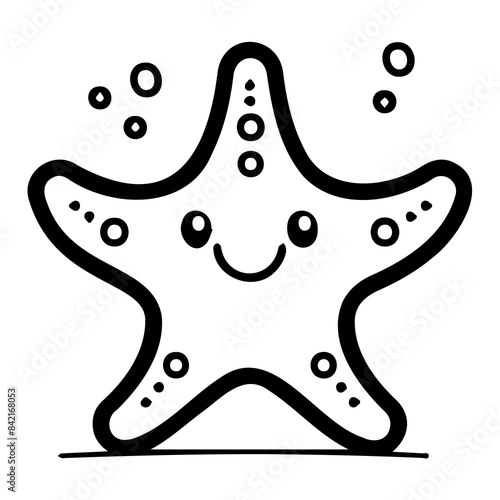Delightful cartoon starfish illustration in black and white, ideal for children's books and ocean-themed activities.