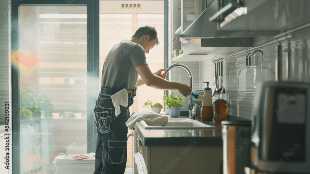 a man-plumber is fixing the leak under the sink, man is wearing working clothes with tools, a beautiful kitchen with a modern interior,generative ai a man-plumber is fixing the leak under the sink, man is wearing working clothes with tools, a beautiful kitchen with a modern interior,generative ai