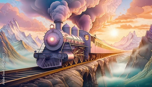 ファンタジー風景画、蒸気機関車のイラスト、冒険のテーマ、鮮やかな夕日、色とりどりの雲、山岳風景、ドラマチックな自然、幻想的なアートワーク、ロマンチックな旅のシーン、高い橋の風景 photo