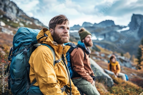 Group of friends on a hiking camping trip in the mountain