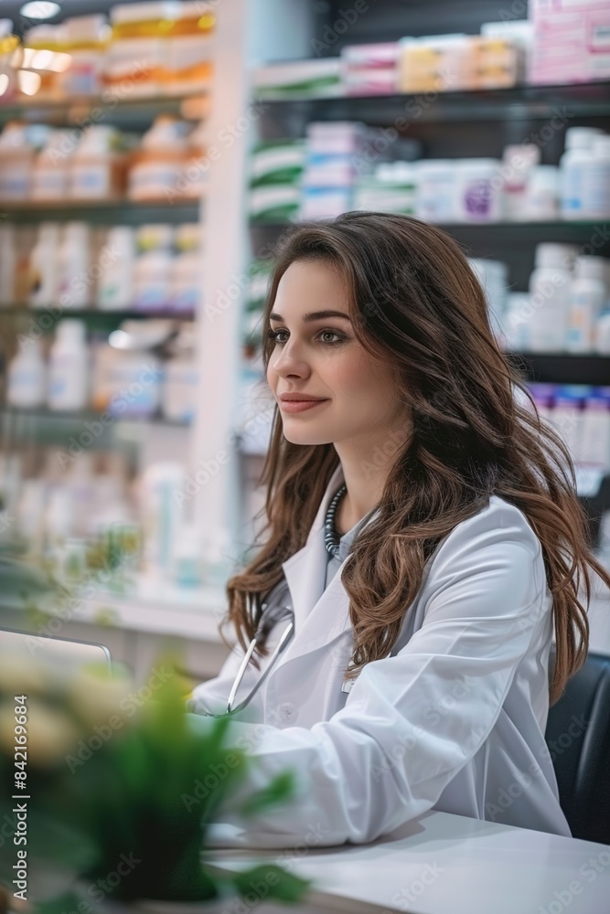 Female pharmacist working in chemist shop or pharmacy. Female pharmacist working in chemist shop or pharmacy.