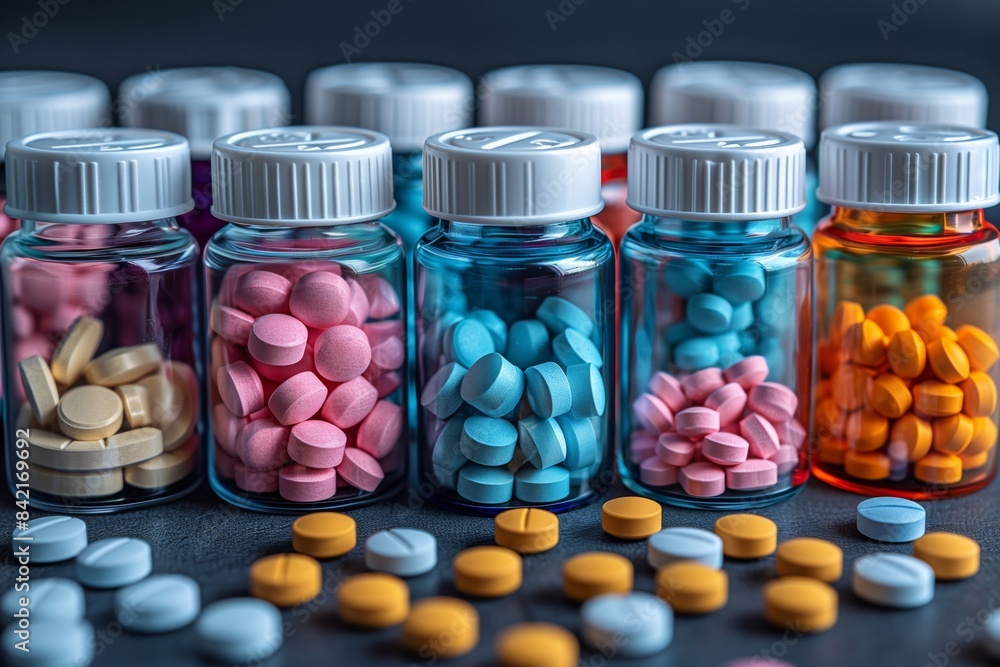 Close-up of several glass bottles filled with various colored pills, scattered on a dark surface Close-up of several glass bottles filled with various colored pills, scattered on a dark surface