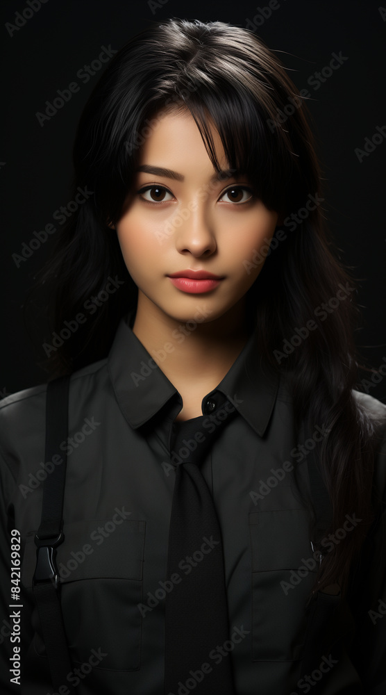 Fototapeta premium Asian female student, fresh and natural complexion, her black hair carefully combed and framing her face. She is dressed in a school-appropriate outfit, uniform. Looking forward