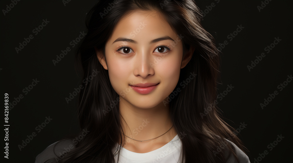 Asian female student, fresh and natural complexion, her black hair carefully combed and framing her face. She is dressed in a school-appropriate outfit, uniform. Looking forward Asian female student, fresh and natural complexion, her black hair carefully combed and framing her face. She is dressed in a school-appropriate outfit, uniform. Looking forward