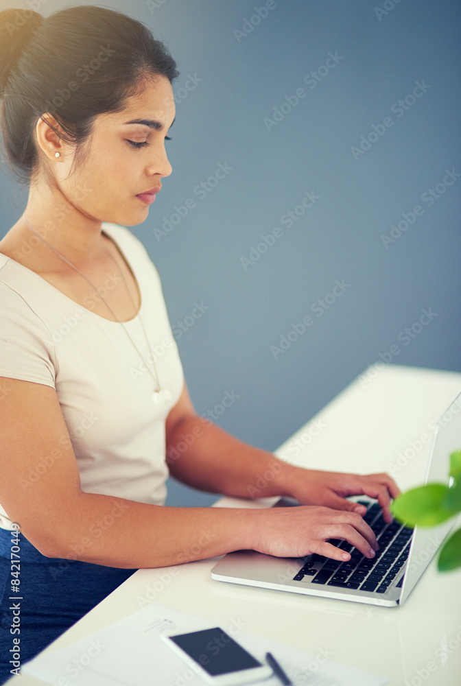 Woman, laptop and profile in office for proposal, planning and employee at desk for digital report. Female person, mockup space and professional for project management, online and web for research Woman, laptop and profile in office for proposal, planning and employee at desk for digital report. Female person, mockup space and professional for project management, online and web for research