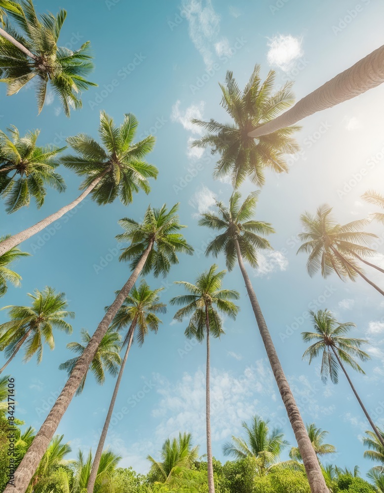 Obraz premium Tropical Landscape, Tall Palm Trees Against Blue Sky with Sunlight Filtering Through Leaves