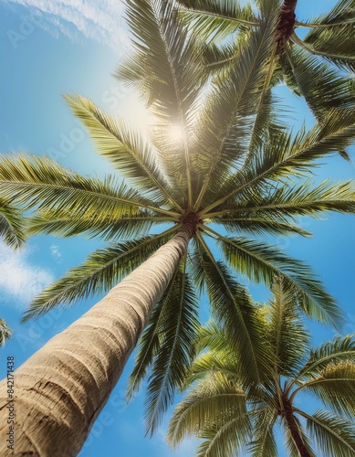 Tropical Serenity  Sunlit Palm Trees Against Blue Sky Background