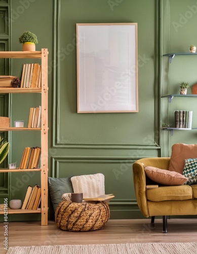 Wooden Picture Frame with Blank Poster in Green Living Room, Home Decor Interior Design