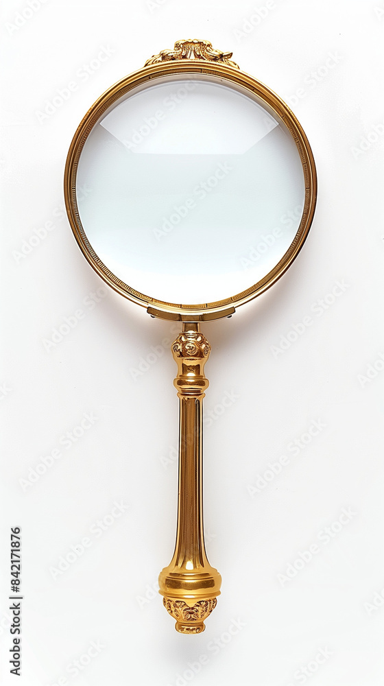 Elegant magnifying glass with a golden handle, set against a blank white abstract background, blending sophistication and mystery Elegant magnifying glass with a golden handle, set against a blank white abstract background, blending sophistication and mystery