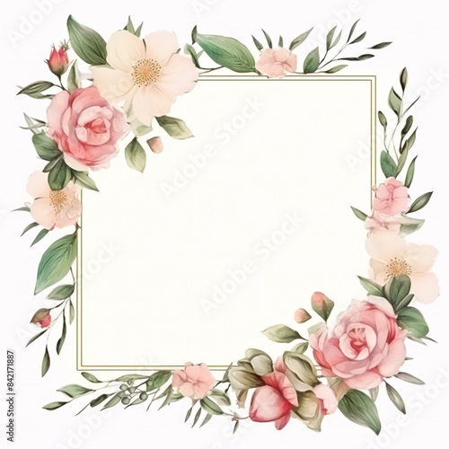 Wedding invitation card. floral square frame with empty space on background