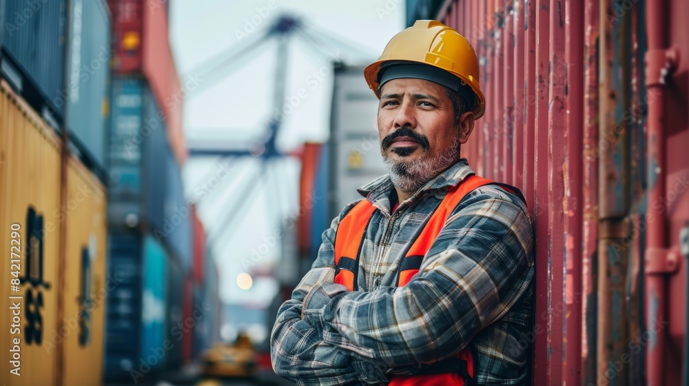 Hispanic man harbor worker talking on the walkie-talkie and control loading containers at container warehouse or port. container, import and export goods, industrial, transportation Hispanic man harbor worker talking on the walkie-talkie and control loading containers at container warehouse or port. container, import and export goods, industrial, transportation