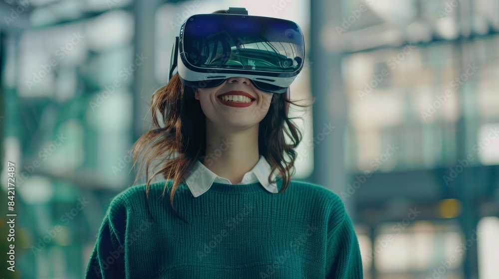Smiling businesswoman in green sweater is wearing vr helmet. Digital interface in 3d glasses. Concept of future technology, interaction and entertainment playing game in virtual reality Smiling businesswoman in green sweater is wearing vr helmet. Digital interface in 3d glasses. Concept of future technology, interaction and entertainment playing game in virtual reality