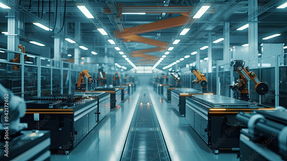 Precision Robot Arms on Fully Assembly Line Inside Modern Electronics Factory Precision Robot Arms on Fully Assembly Line Inside Modern Electronics Factory