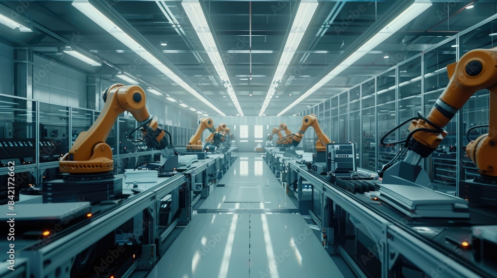 Precision Robot Arms on Fully Assembly Line Inside Modern Electronics Factory Precision Robot Arms on Fully Assembly Line Inside Modern Electronics Factory