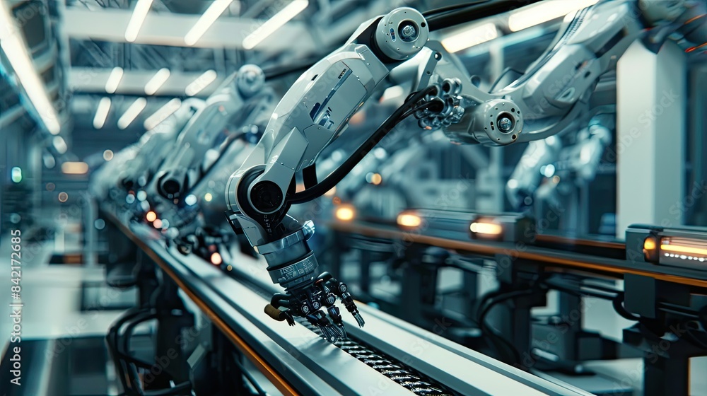 Precision Robot Arms on Fully Assembly Line Inside Modern Electronics Factory Precision Robot Arms on Fully Assembly Line Inside Modern Electronics Factory