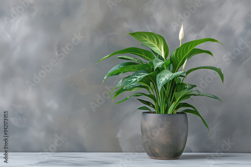 A potted plant sits on a grey wall