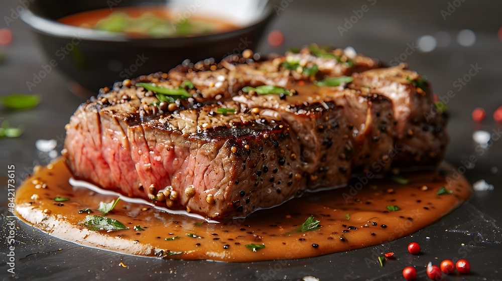 Peppercorncrusted steak cut out mockup an isolated minimalistic background served with a velvety sauce Peppercorncrusted steak cut out mockup an isolated minimalistic background served with a velvety sauce