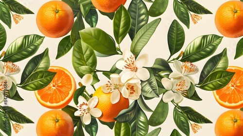 Citrus and Orange Blossom Vintage Retro Style Seamless Pattern 