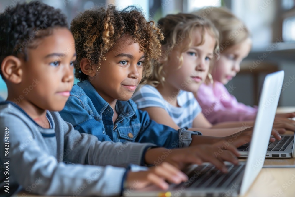 Multiethnic group of children using computers in a classroom. Multiethnic group of children using computers in a classroom.
