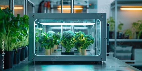 3D printer printing broccoli in a laboratory. Alternative food printing technology, space flights, military industry, synthetic fruits and vegetables, synthetic food, greens