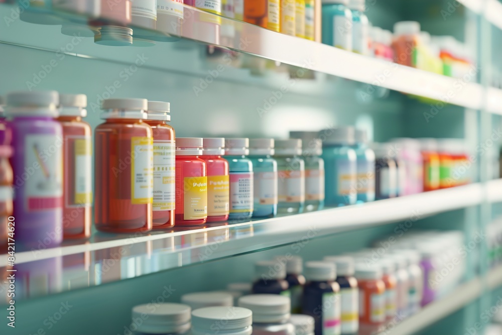 A Row of drug bottles and pill tablet box on the pharmacy A Row of drug bottles and pill tablet box on the pharmacy