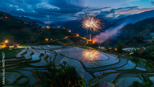 田んぼの上に輝く花火の夜景 photo