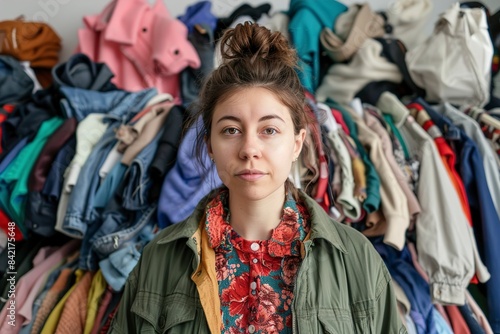 A Woman after buying second hand clothing on white