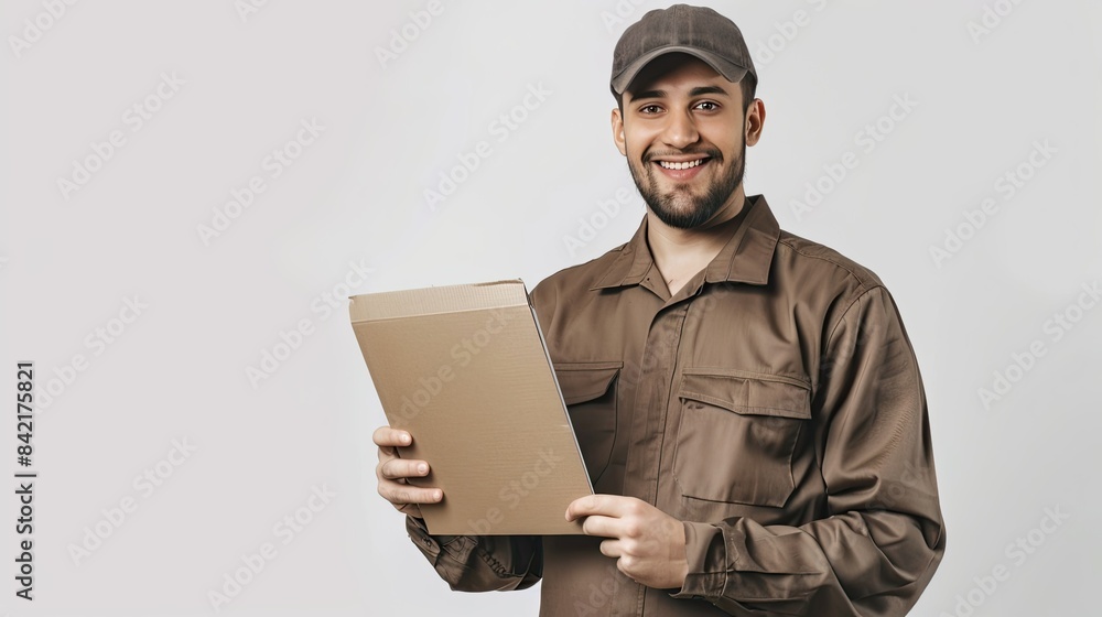 Happy hispanic man in a brown uniform holding a tablet and working as a delivery courier. Happy hispanic man in a brown uniform holding a tablet and working as a delivery courier.