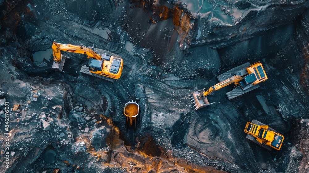 Aerial photo capturing the dynamic operation of backhoes and loaders at a mining site Aerial photo capturing the dynamic operation of backhoes and loaders at a mining site