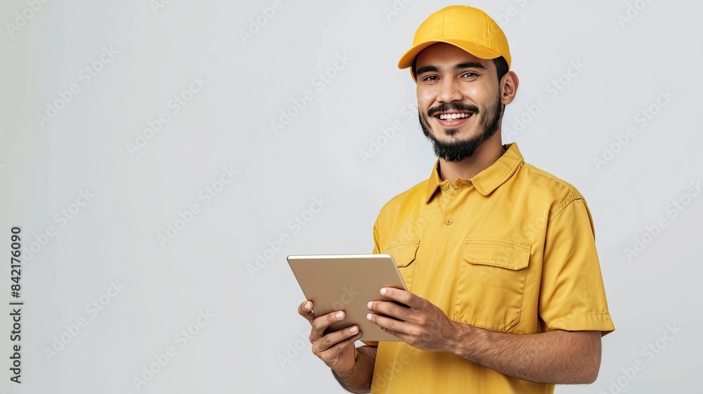 Happy hispanic man in a yellow uniform holding a tablet and working as a delivery courier Happy hispanic man in a yellow uniform holding a tablet and working as a delivery courier