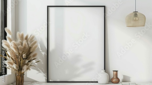 Mockup black poster frame and accessories decor in cozy white interior background  © Mentari