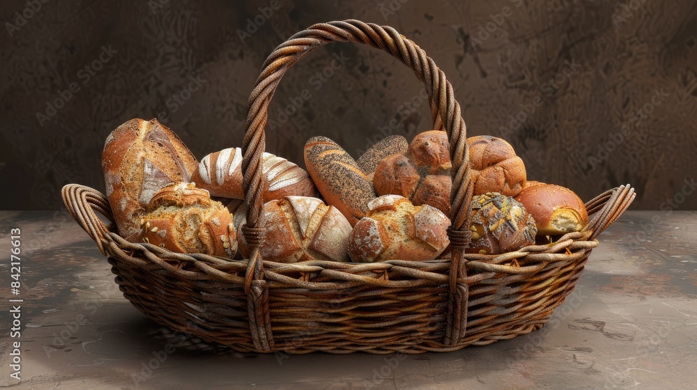 Basket made of wicker filled with bakery items such as bread loaves and rolls Basket made of wicker filled with bakery items such as bread loaves and rolls