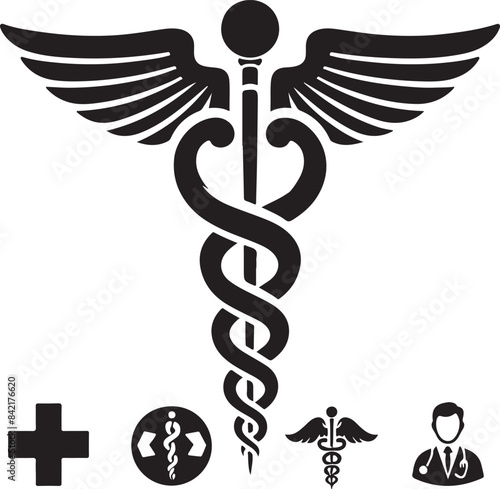 caduceus health symbol asclepias wand icon caduceus health silhouette vector illustration. 
