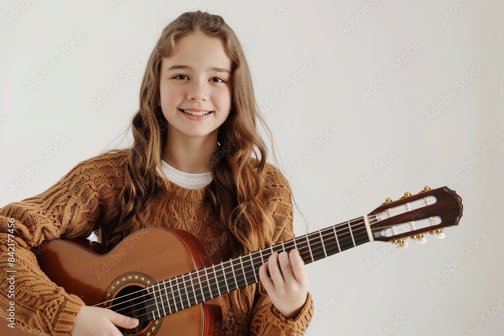 Fototapeta premium A Young optimistic girl holding guitar isolated on white