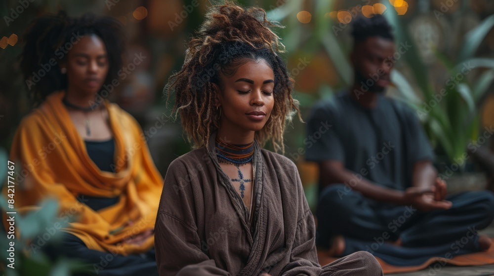 Fototapeta premium Group of friends practicing mindfulness meditation, promoting mental health and relaxation.