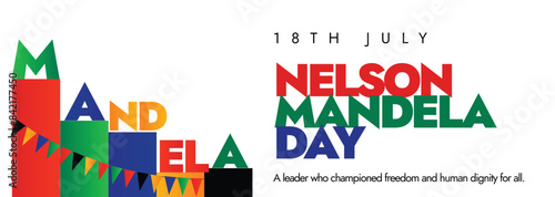 Nelson Mandela Day Celebration cover banner July 18th Tribute to Freedom and Human Dignity. Social media cover for Nelson Mandela Day with modern abstract shapes