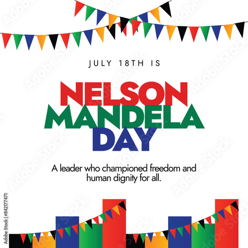 Nelson Mandela Day Celebration Banner - July 18th Tribute to Freedom and Human Dignity. Social media post for Nelson Mandela Day with modern abstract shapes